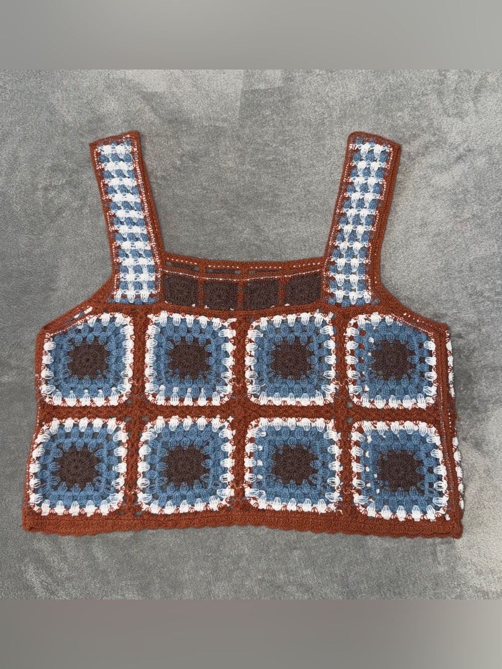 Boho Crochet Granny Square-Panel Crop Tank Top in Blue and Brown - GUC - Picture 4 of 4